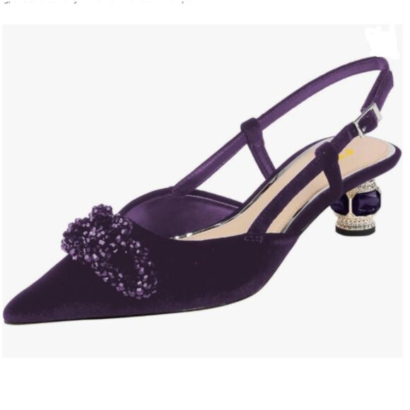 FSJ Purple Low Heel Velvet Slingback Pointed Toe Rhinestone Crystal Heel Pumps - Picture 1 of 8